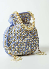 Lavender Potli Bag In Velvet With Cut Dana And Beads Embroidered Jaal