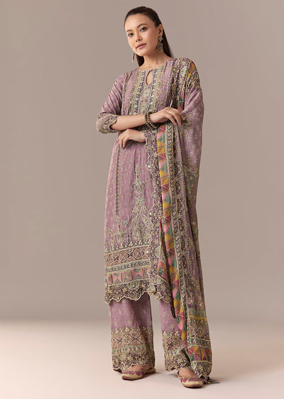 Lavender Printed Zari Kurta Set With Pant And Dupatta
