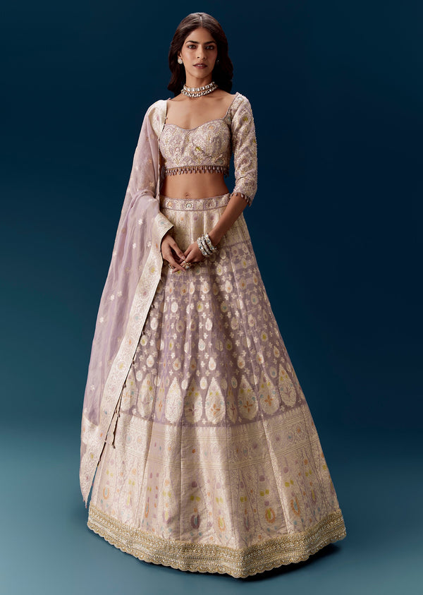Lavender Purple Banarasi Embroidered Bridal Lehenga And Dupatta