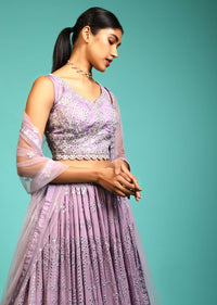 Lavender Purple Lehenga Choli In Georgette With Mirror Abla Work All Over And Matching Potli Online - Kalki Fashion