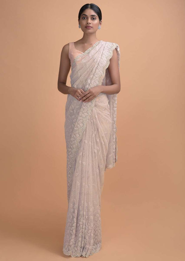 Lavender Saree In Net With Thread Embroidery In Leaf Motif Online - Kalki Online