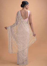 Lavender Saree In Net With Thread Embroidery In Leaf Motif Online - Kalki Online