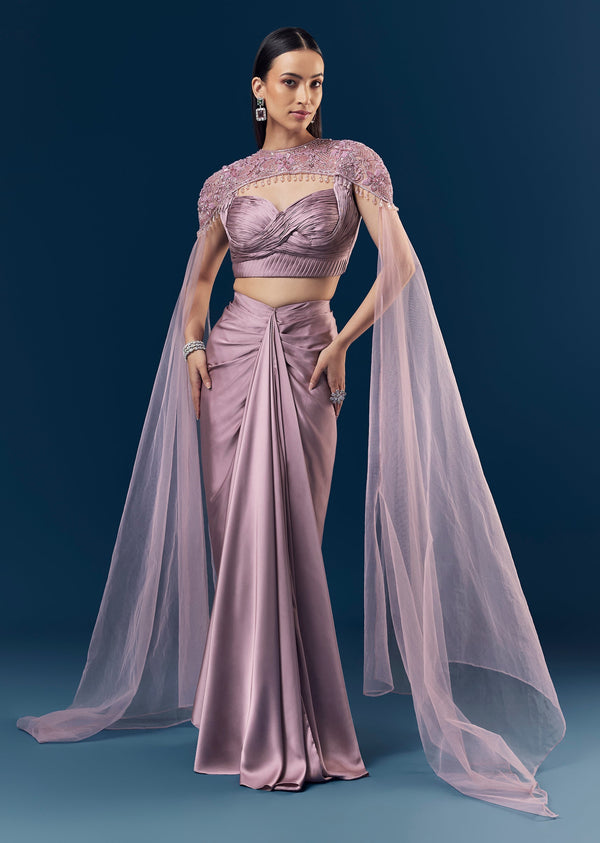 Lavender Satin Draped Skirt Set With Ruched Crop Top And Embellished Cape
