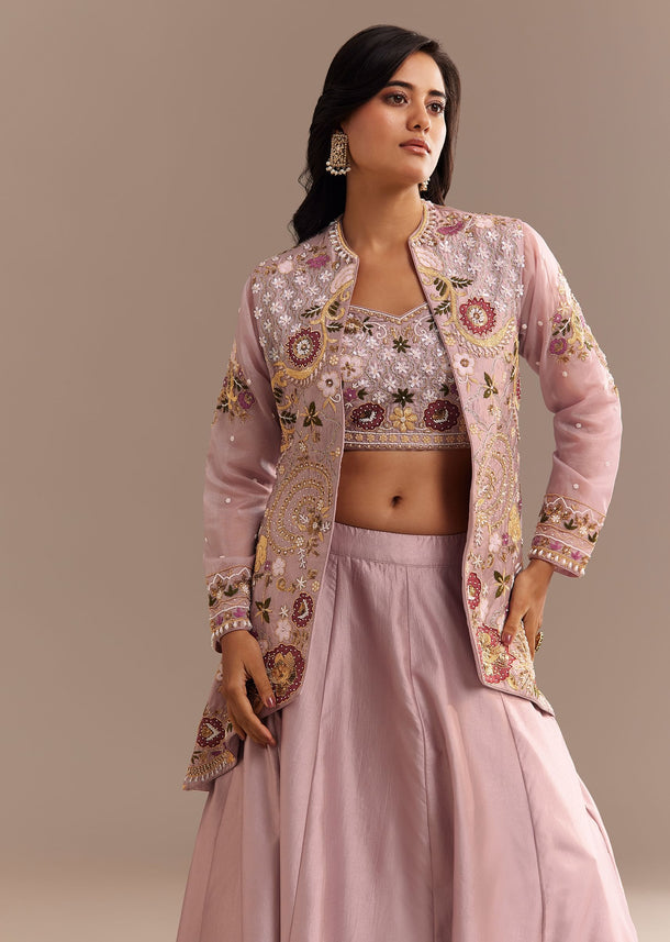 Lavender Silk Embroidered Jacket Lehenga Set