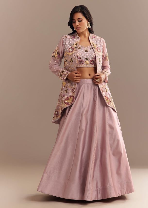 Lavender Silk Embroidered Jacket Lehenga Set