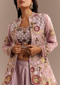 Lavender Silk Embroidered Jacket Lehenga Set