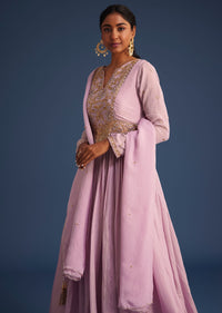 Lavender Tissue Embroidered Anarkali With Organza Dupatta