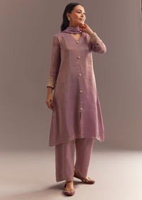 Lavender Tissue Embroidered Kurta Pant With Organza Dupatta