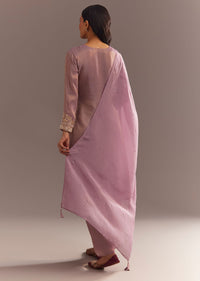 Lavender Tissue Embroidered Kurta Pant With Organza Dupatta