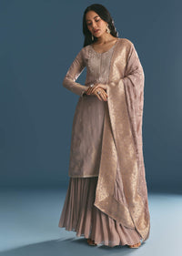 Lavender Tissue Kurta Sharara Suit With Moti And Cutdana Work