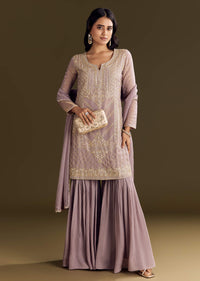 Lavender Tissue Zardosi Embroidered Kurta Set With Organza Dupatta