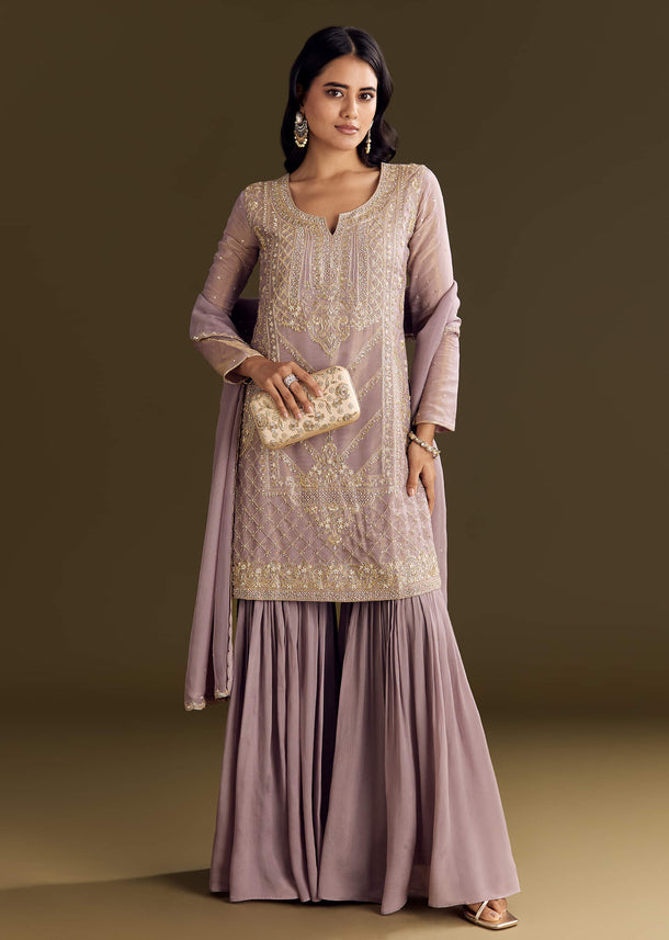 Lavender Tissue Zardosi Embroidered Kurta Set With Organza Dupatta