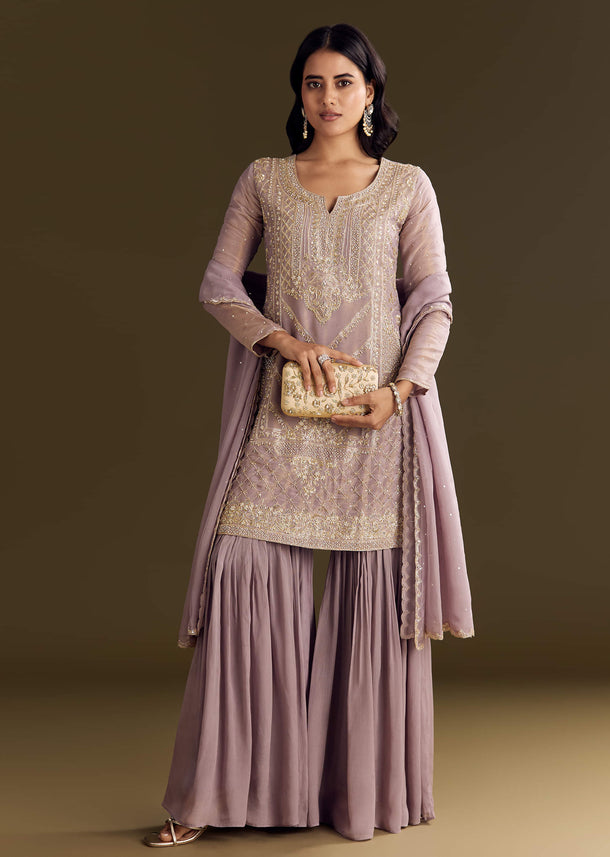 Lavender Tissue Zardosi Embroidered Kurta Set With Organza Dupatta