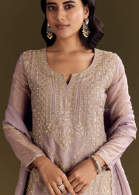 Lavender Tissue Zardosi Embroidered Kurta Set With Organza Dupatta