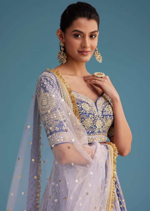 Lavender and Blue Silk Kali Embroidered Lehenga Set