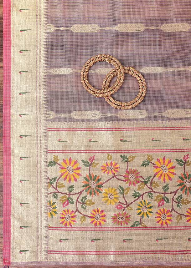 Lavender And Gold Paithani Woven Silk Dress Material