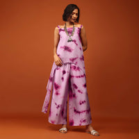 Lavender And Plum Purple Tie Dye Print Top & Bottom Set Embellished In Georgette