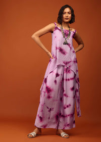 Lavender And Plum Purple Tie Dye Print Top & Bottom Set Embellished In Georgette