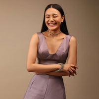 Lavender Ash Sleeveless Blouse In Satin With A Plunging Geometric Neckline