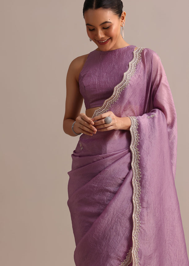 Lavender Crushed Tissue Saree With Moti And Cutdana Embroidered Border
