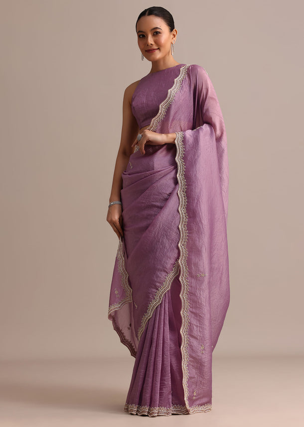 Lavender Crushed Tissue Saree With Moti And Cutdana Embroidered Border