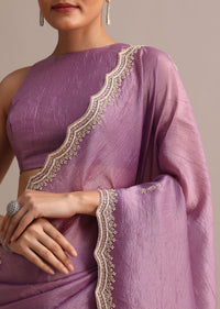 Lavender Crushed Tissue Saree With Moti And Cutdana Embroidered Border