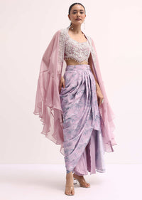 Lavender Embroidered Crop Top And Skirt Set