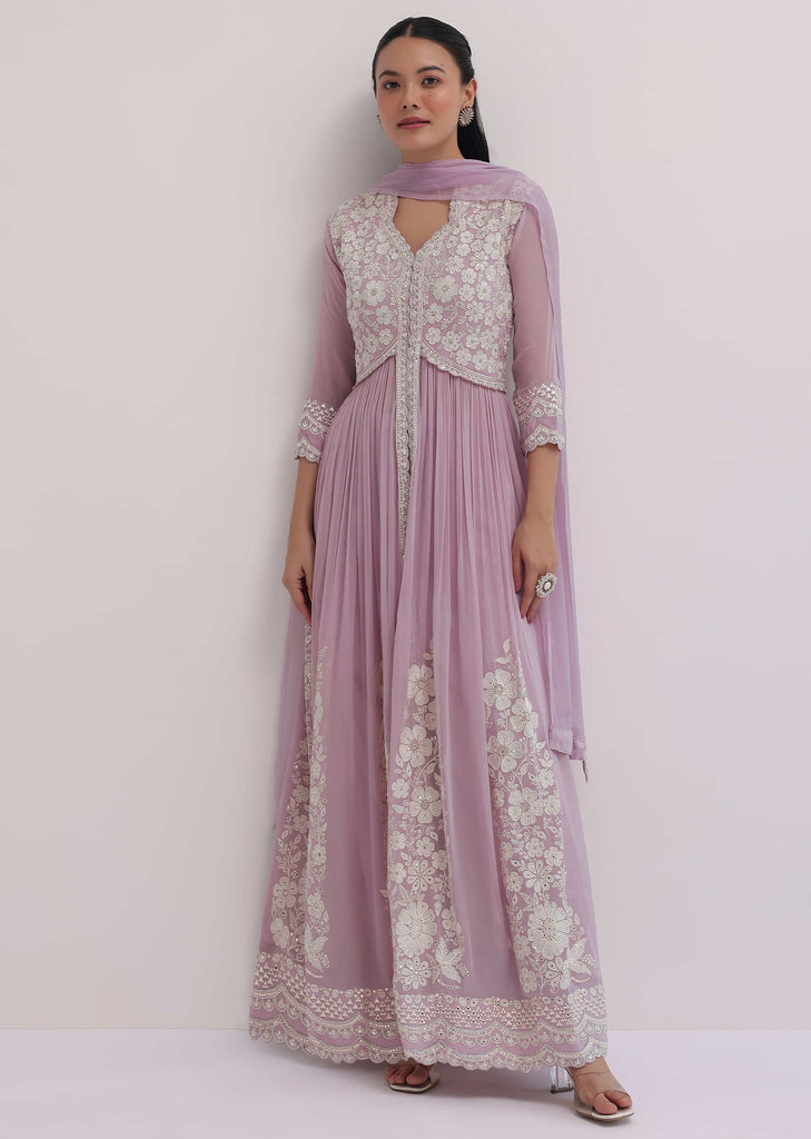 Lavender Embroidered Georgette Anarkali Set