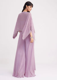 Lavender Georgette Crop Top and Palazzo Set With Resham Work Cape