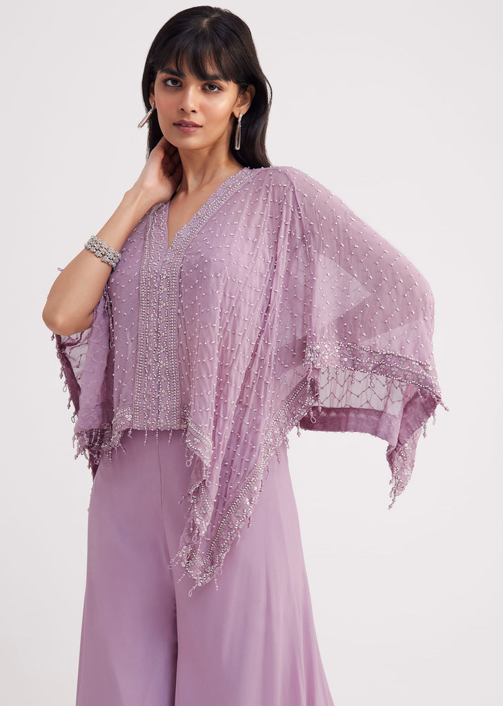 Lavender Georgette Crop Top and Palazzo Set With Resham Work Cape