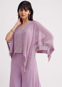 Lavender Georgette Crop Top and Palazzo Set With Resham Work Cape