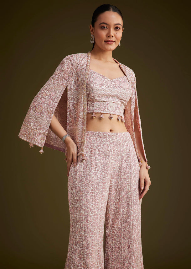 Lavender Georgette Palazzo Set And Lucknowi Cape