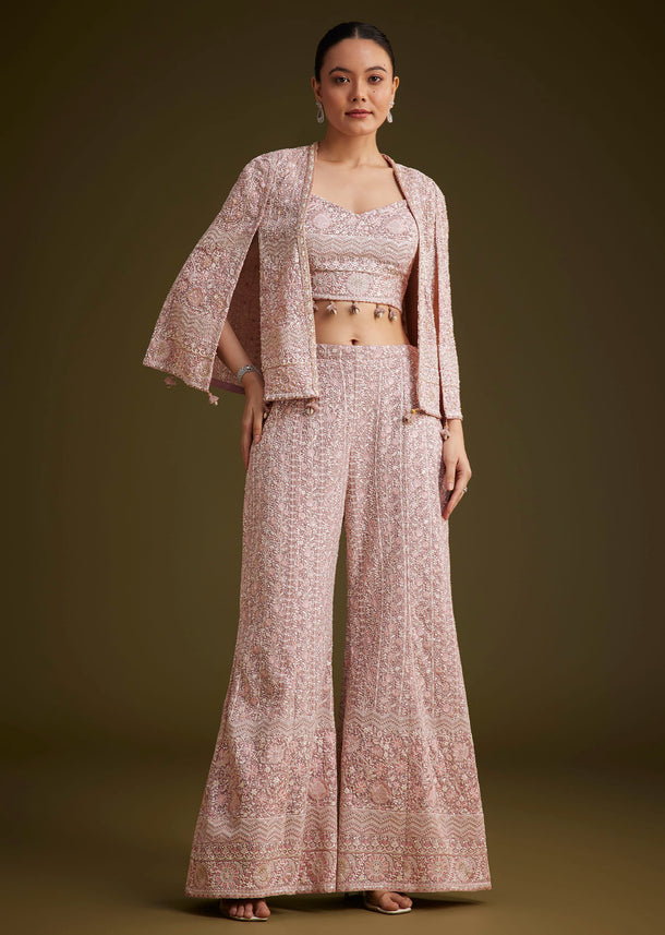 Lavender Georgette Palazzo Set And Lucknowi Cape