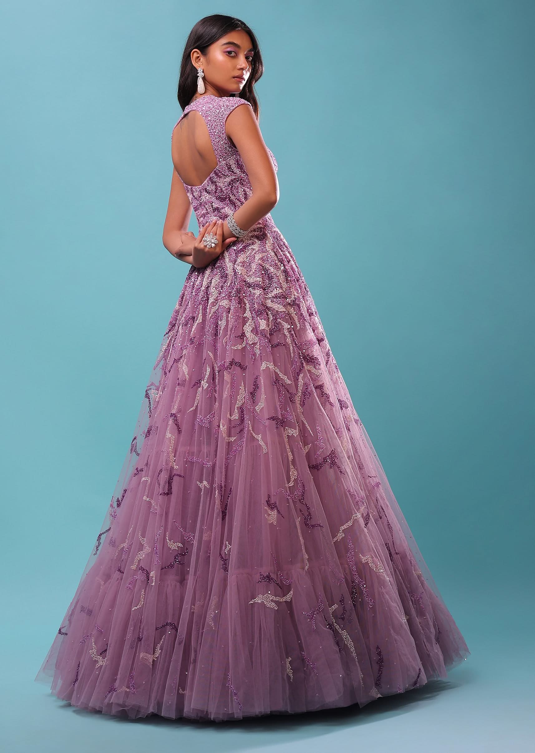 Lavender Gown In Floral Sequins Embroidery