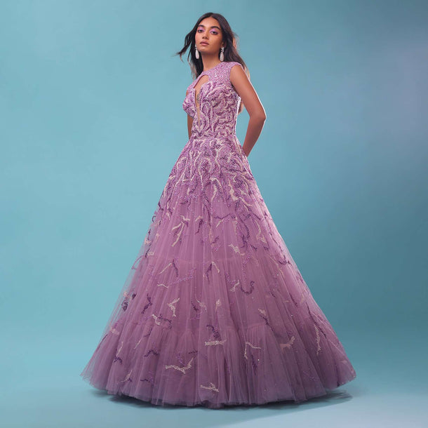 Lavender Purple Gown With Floral Sequins Embroidery