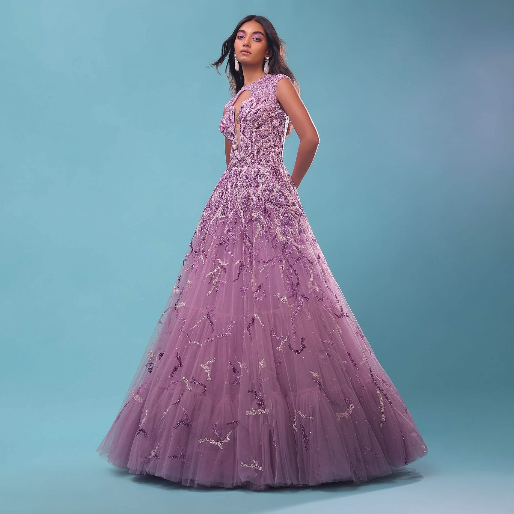 Lavender Gown In Floral Sequins Embroidery