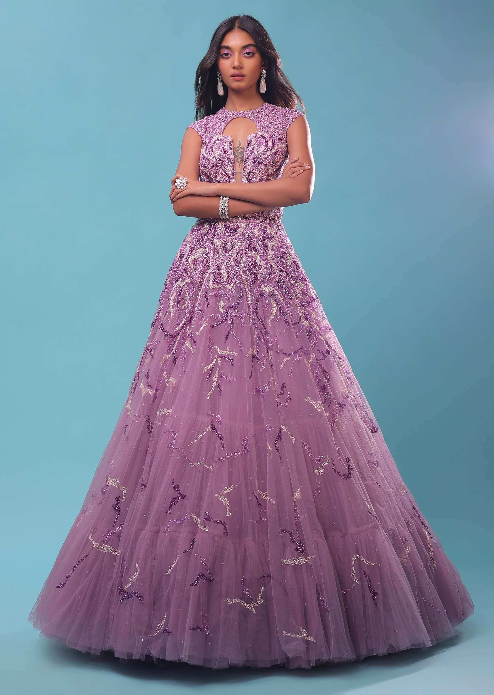 Lavender Purple Gown With Floral Sequins Embroidery