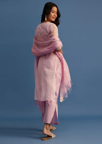 Lavender Kota Kurta Palazzo With Dupatta In Thread Work