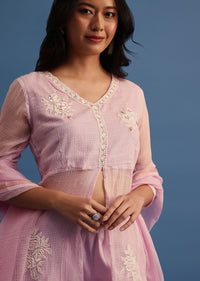 Lavender Kota Kurta Palazzo With Dupatta In Thread Work