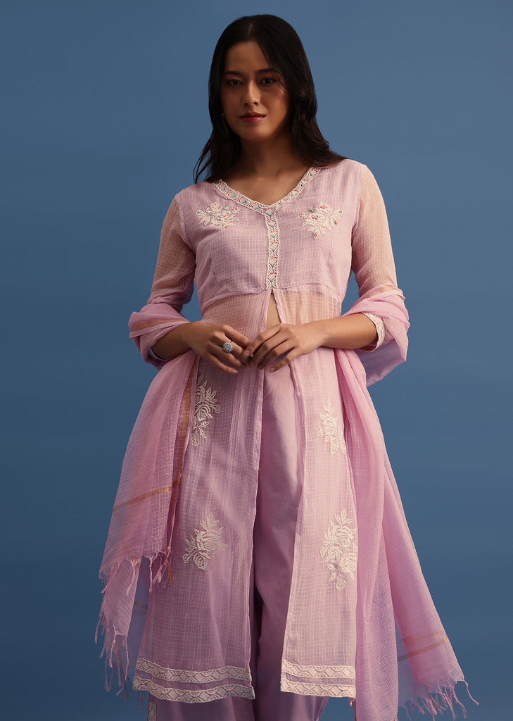 Lavender Kota Kurta Palazzo With Dupatta In Thread Work