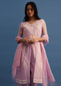 Lavender Kota Kurta Palazzo With Dupatta In Thread Work
