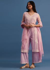 Lavender Kota Kurta Palazzo With Dupatta In Thread Work