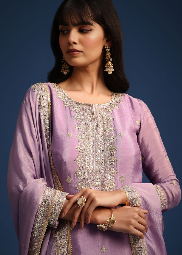 Lavender Kurta And Palazzo Set With Zari Work And Gota Lace