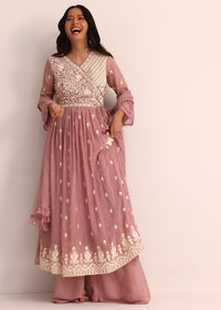 Lavender Kurta Palazzo With Dupatta In Resham Work