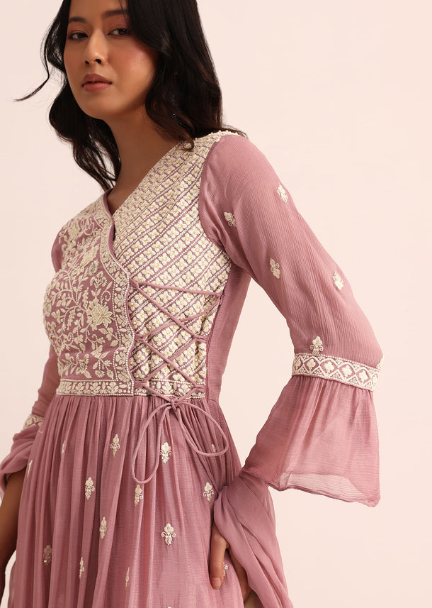 Lavender Kurta Palazzo With Dupatta In Resham Work