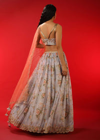 Lavender Lehenga In Organza With Floral Print And Zari Embroidery