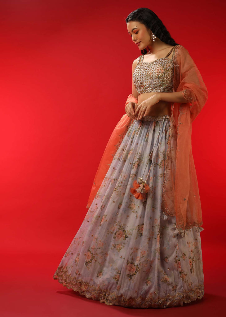 Lavender Lehenga In Organza With Floral Print And Zari Embroidery