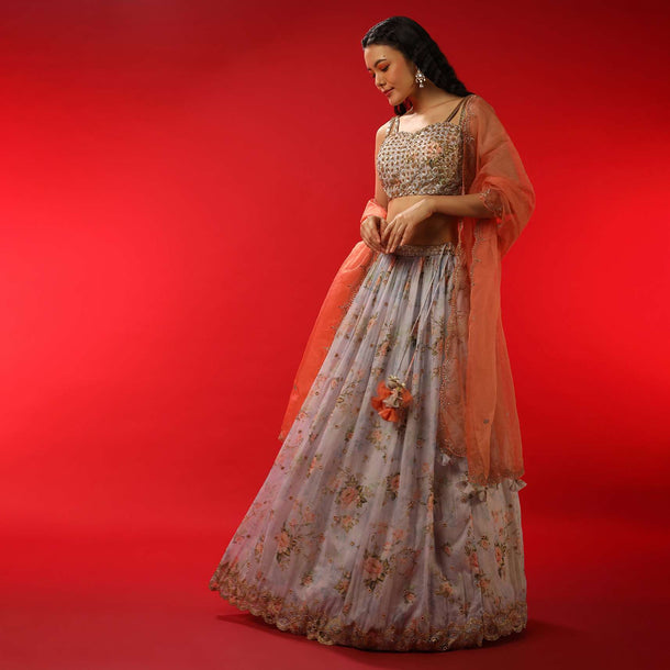 Lavender Lehenga In Organza With Floral Print And Zari Embroidery