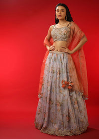 Lavender Lehenga In Organza With Floral Print And Zari Embroidery