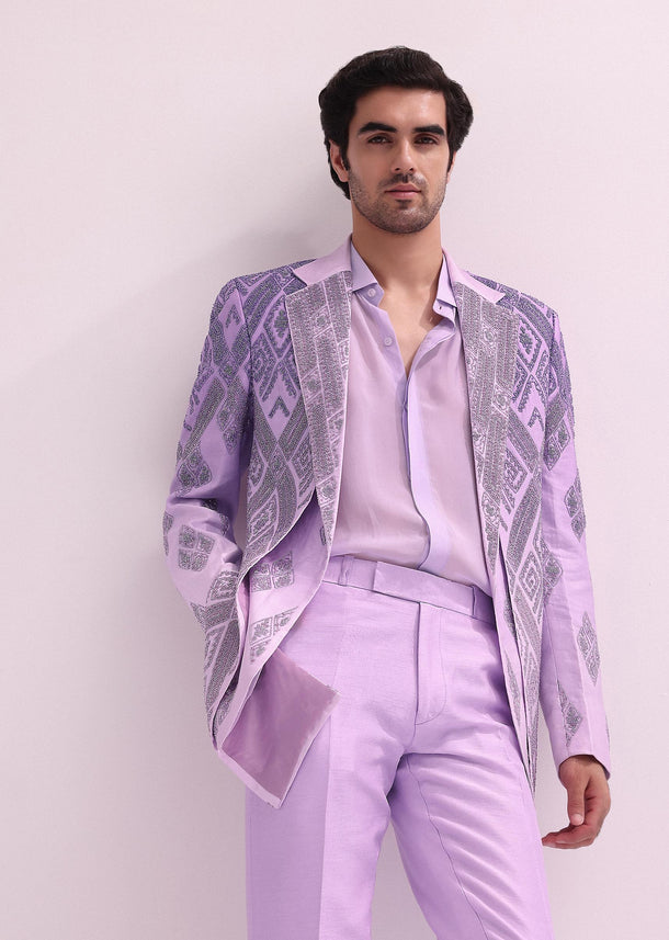 Lavender Linen Satin Lapel Ombre Tuxedo With Shirt And Pants